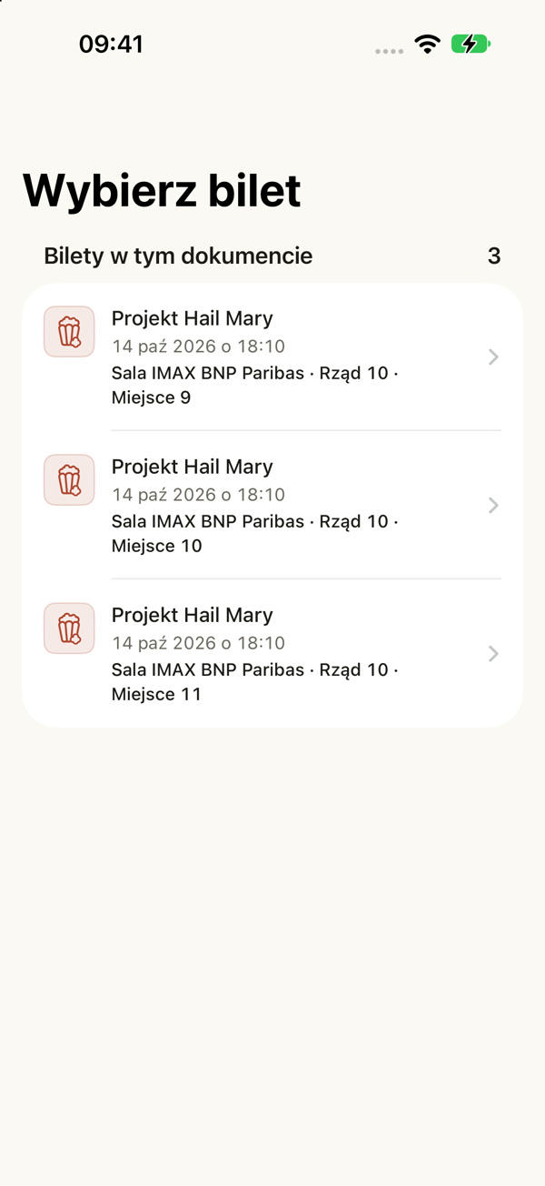 Entrisa rozpoznaje trzy bilety Cinema City na Projekt Hail Mary: rząd 10, miejsca 9, 10 i 11.