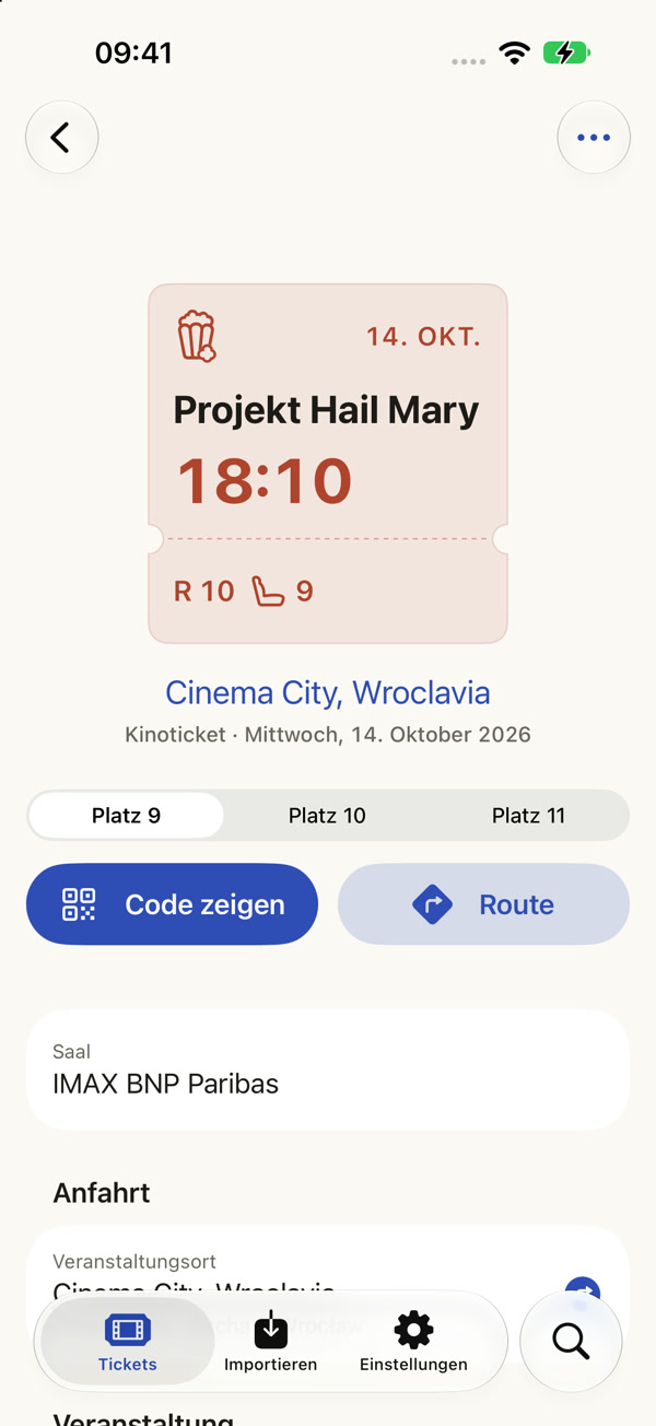 Details der Cinema-City-Gruppe: Ticketabschnitt, Platzumschalter und die Tasten Code zeigen und Route.