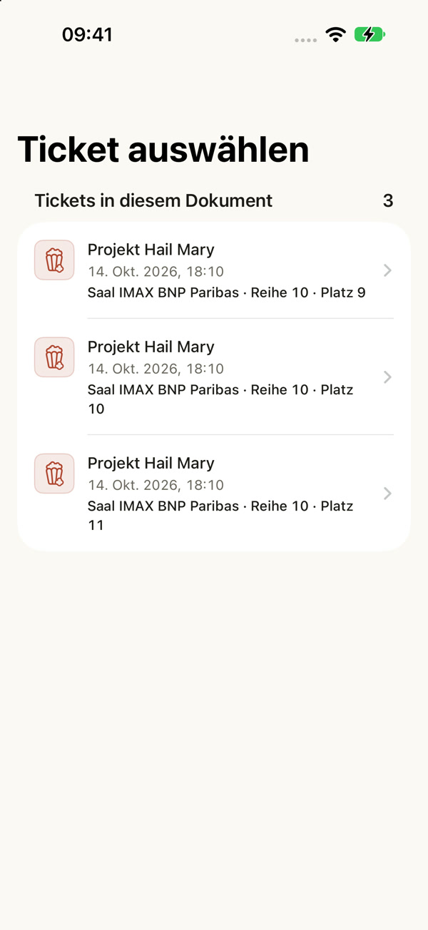 Entrisa erkennt drei Cinema-City-Tickets für Projekt Hail Mary: Reihe 10, Plätze 9, 10 und 11.