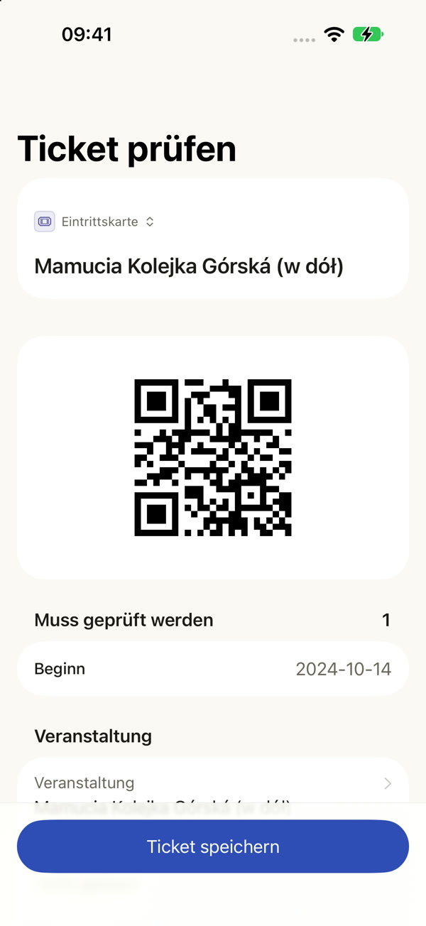 Prüfung der aus einem Foto gelesenen Daten des Tickets für die Mammut-Achterbahn.