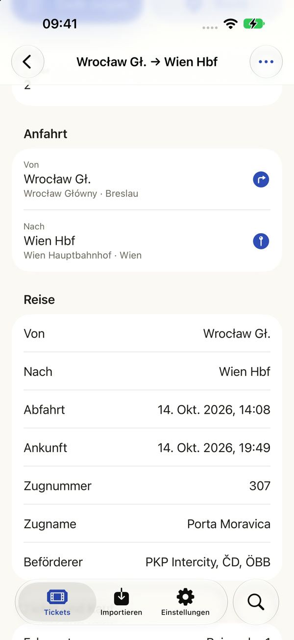 Reisedetails mit der Taste Route und den Orten Wrocław Główny und Wien Hauptbahnhof.