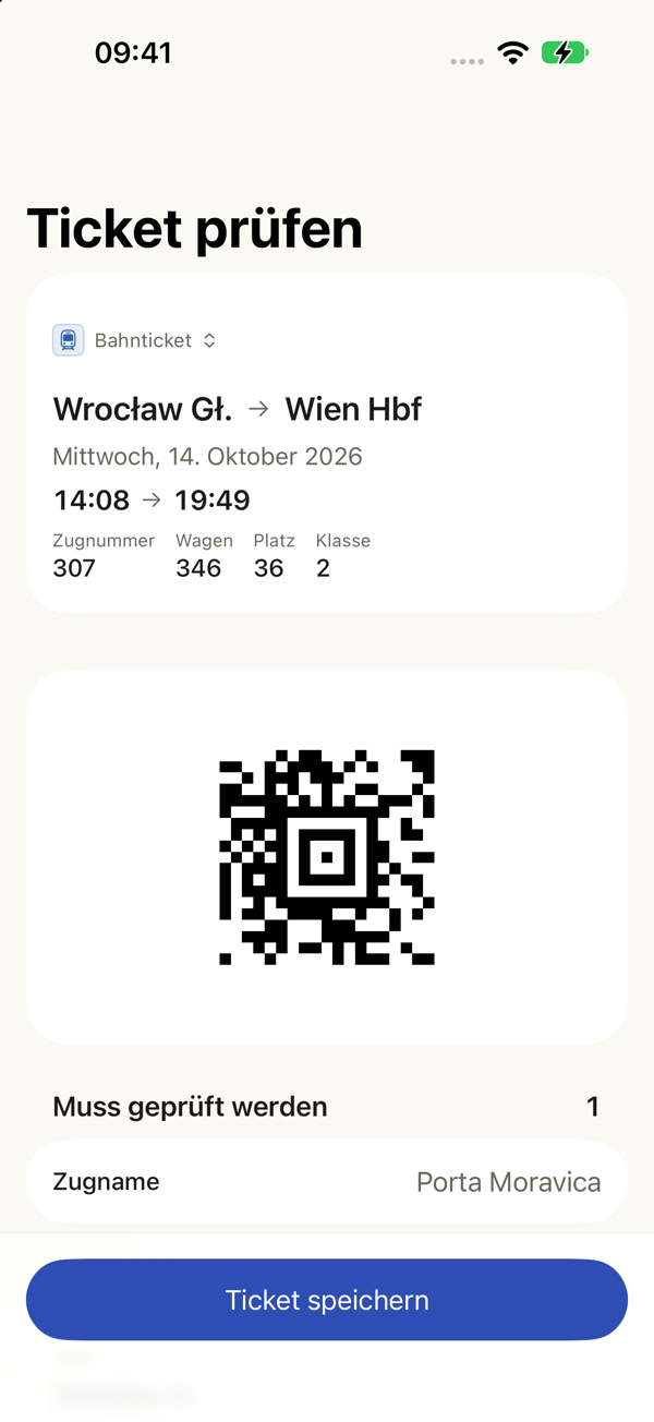 Erkanntes Ticket Wrocław Główny–Wien Hbf, Zug 307 Porta Moravica, Wagen 346, Platz 36. Reisender anonymisiert.