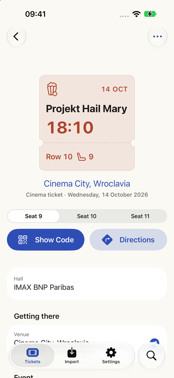 Cinema City group details: ticket stub, seat switcher and the Show Code and Directions buttons.