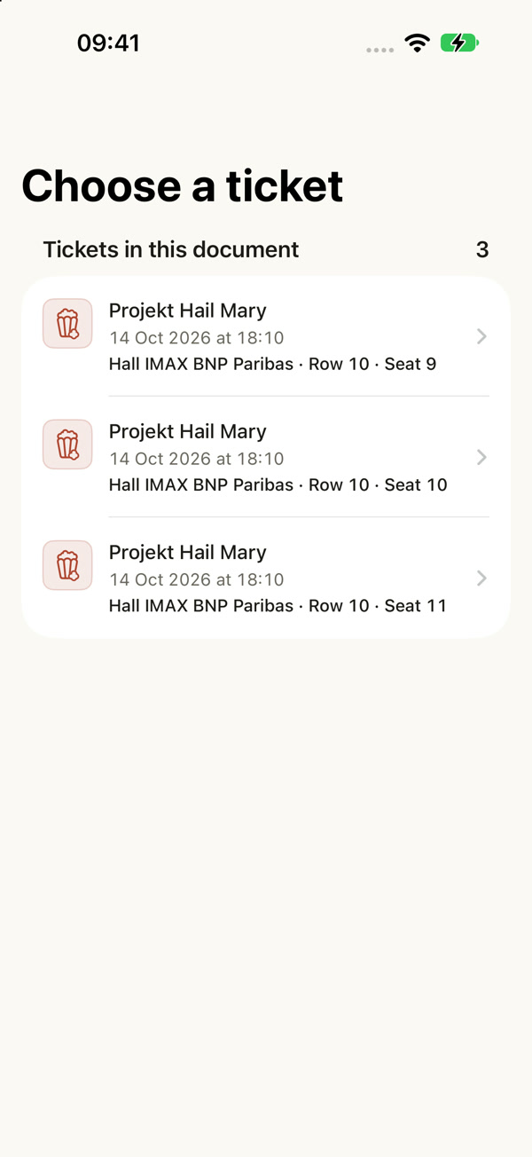 Entrisa recognises three Cinema City tickets for Project Hail Mary: row 10, seats 9, 10 and 11.