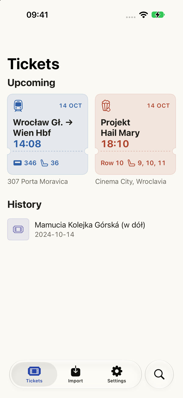 Entrisa library with a train ticket and a shared Cinema City screening.