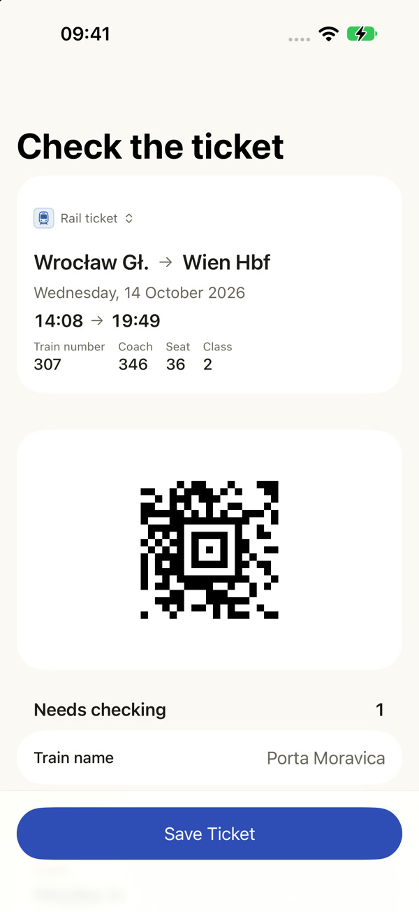 Recognised ticket Wrocław Główny–Wien Hbf, train 307 Porta Moravica, coach 346, seat 36. Passenger anonymised.