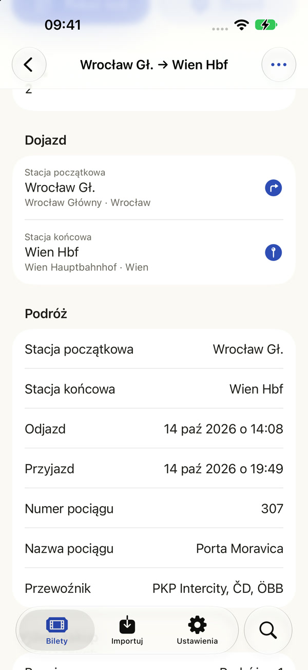 Szczegóły podróży z przyciskiem Dojazd i miejscami Wrocław Główny oraz Wien Hauptbahnhof.
