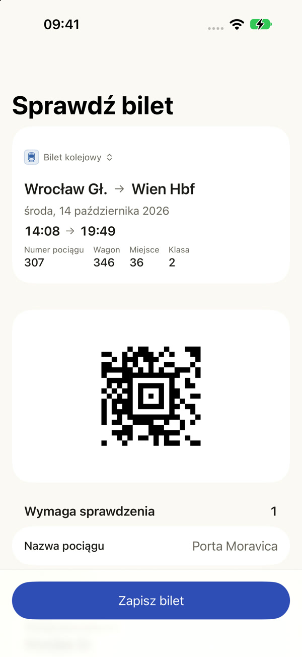 Rozpoznany bilet Wrocław Główny–Wien Hbf, pociąg 307 Porta Moravica, wagon 346, miejsce 36. Podróżny zanonimizowany.